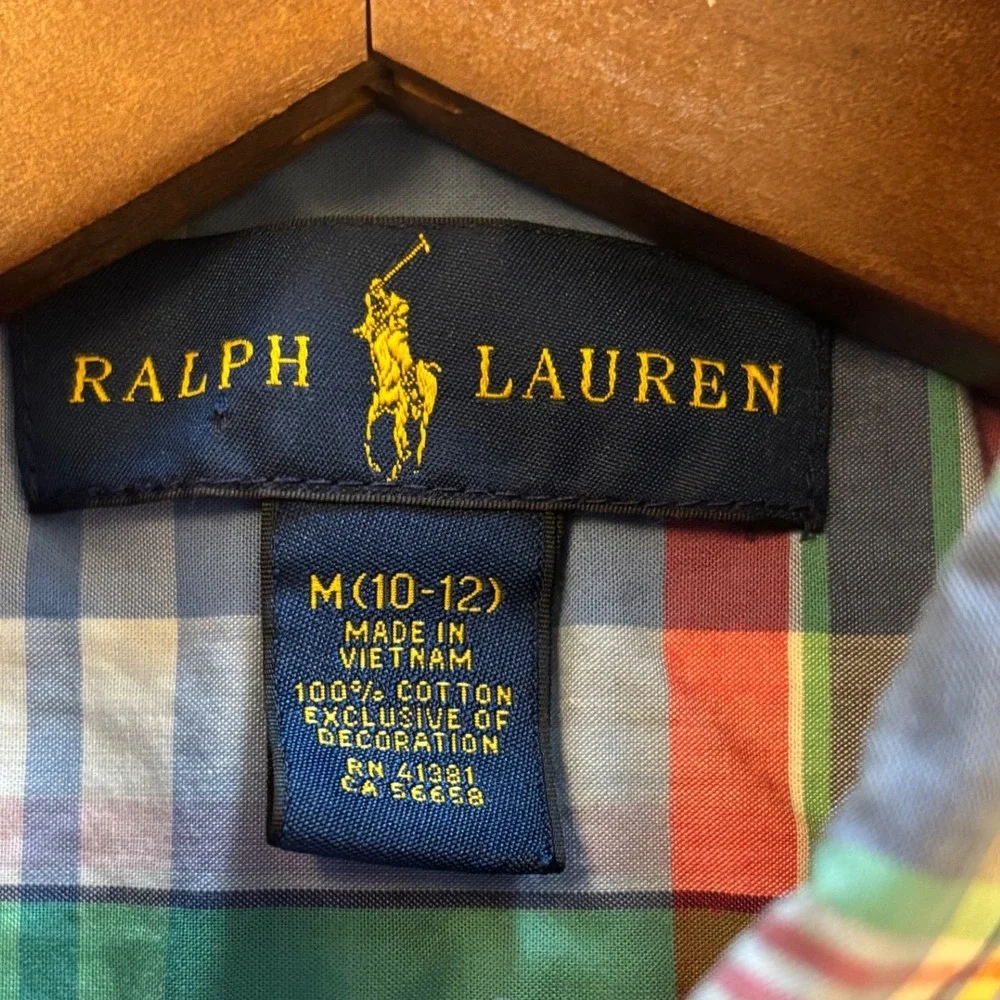 Ralph Lauren Boys Blue Green Plaid Button Down Shirt Size M 10-12 Cotton Pony